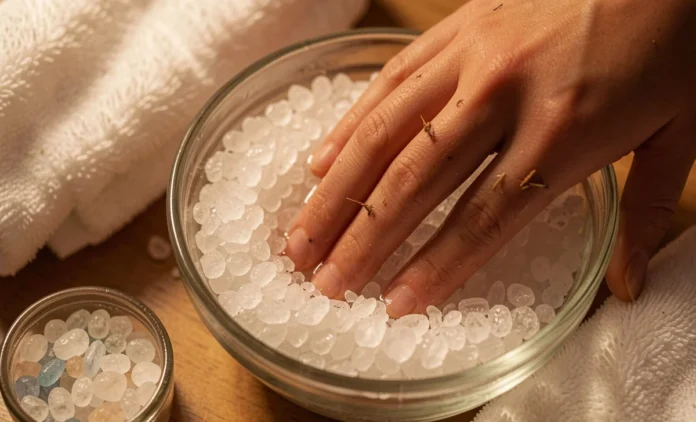 epsom salt splinter removal soak - finger in warm salt water bowl