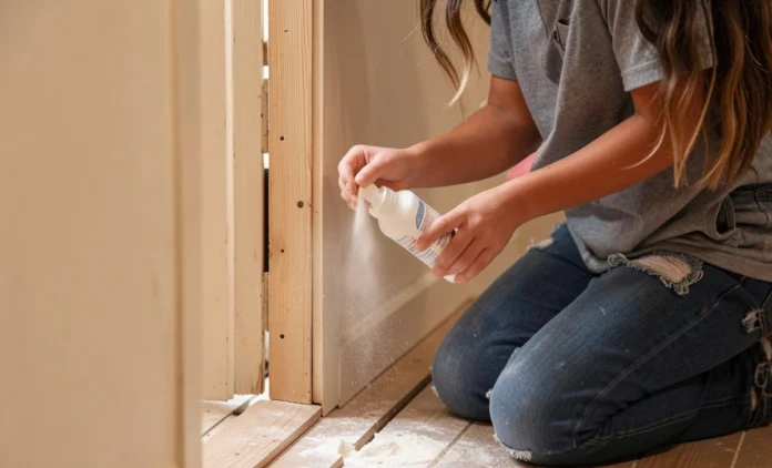 Homeowner using talcum powder to fix squeaky floor today by applying powder into floorboard seam
