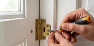 Homeowner using screwdriver to fix sticking door by tightening hinges
