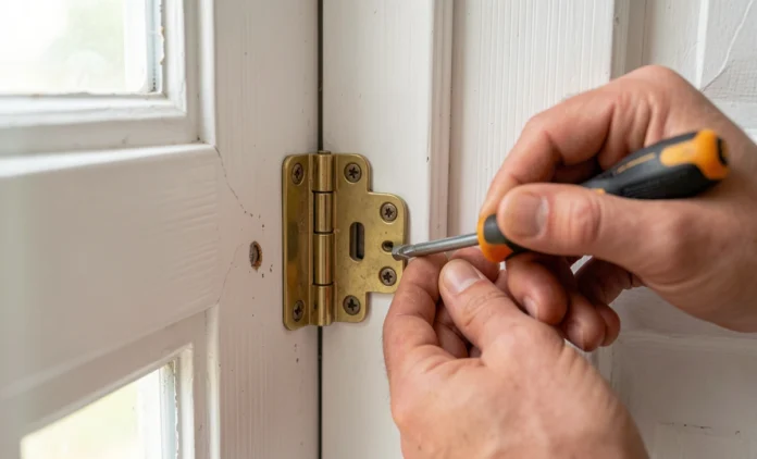 Fix Sticking Door - DIY Hinge Adjustment Homeowner using screwdriver to fix sticking door by tightening hinges