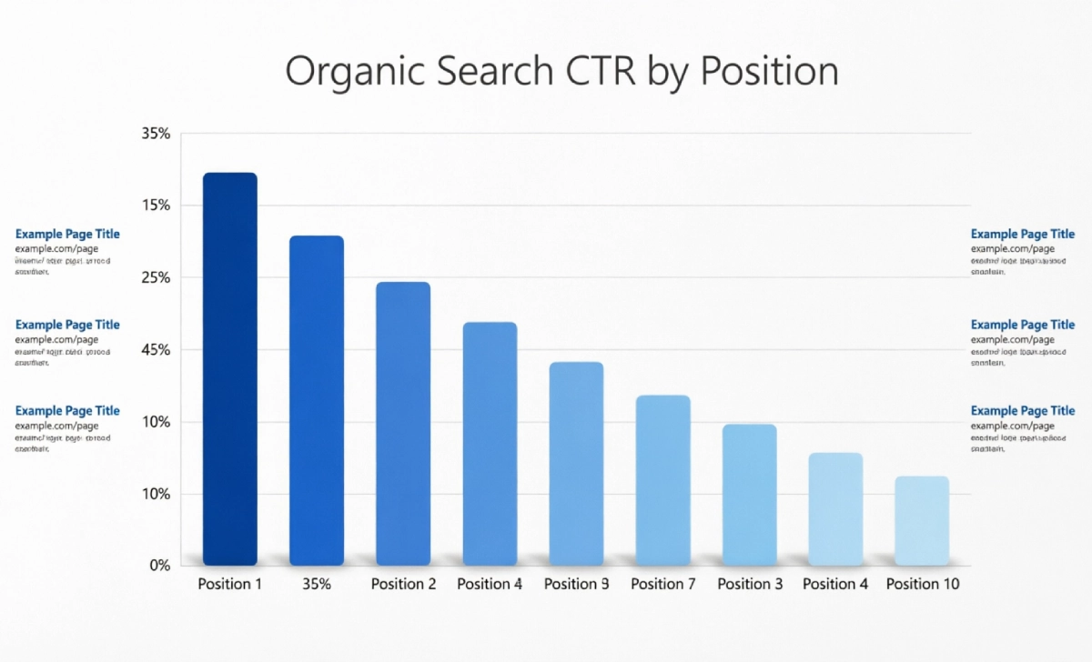 Bar chart displaying good CTR organic search benchmarks from position 1 to 10 showing percentage decline