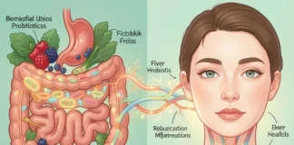 Infographic showing gut health acne connection with healthy microbiome leading to clear skin through gut-skin axis pathways