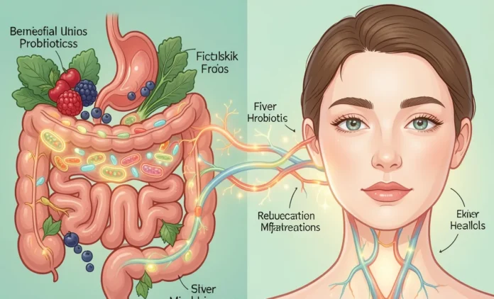 Gut Health Acne Connection: The Gut-Skin Axis Explained Infographic showing gut health acne connection with healthy microbiome leading to clear skin through gut-skin axis pathways