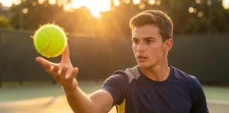 Athlete performing hand-eye coordination drills sports, catching a tennis ball mid-air