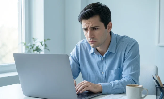 Freelancer learning how to handle late paying client professionally at home office desk with overdue invoice on laptop screen