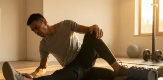 Athlete stretching sore muscles wondering how long DOMS lasts during recovery