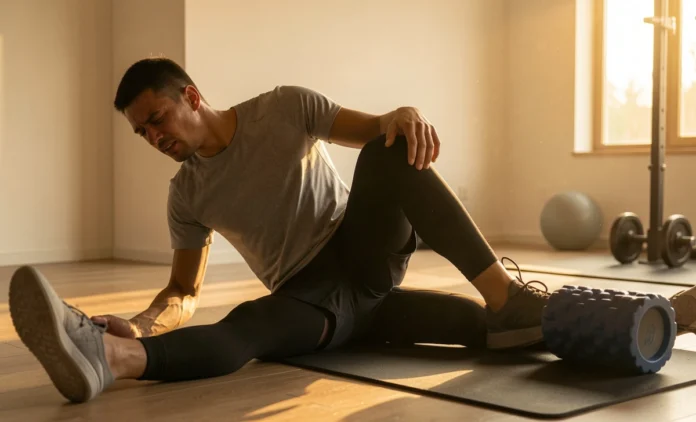 How Long DOMS Lasts - Muscle Recovery Timeline Guide Athlete stretching sore muscles wondering how long DOMS lasts during recovery