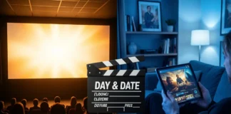 Hybrid theatrical streaming release concept showing movie theater and home streaming setup side by side