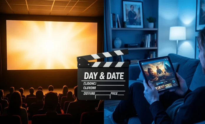 Hybrid theatrical streaming release concept showing movie theater and home streaming setup side by side