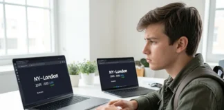Person comparing incognito mode flight prices on dual laptop screens showing identical fares