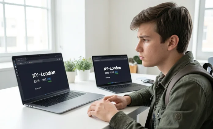 Person comparing incognito mode flight prices on dual laptop screens showing identical fares