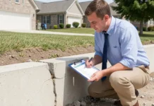 Inspect House Foundation: 5-Minute Checklist Before Offer First-time homebuyer crouching to inspect house foundation for cracks while holding checklist during property viewing