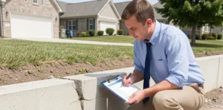 First-time homebuyer crouching to inspect house foundation for cracks while holding checklist during property viewing