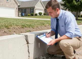 Inspect House Foundation: 5-Minute Checklist Before Offer First-time homebuyer crouching to inspect house foundation for cracks while holding checklist during property viewing