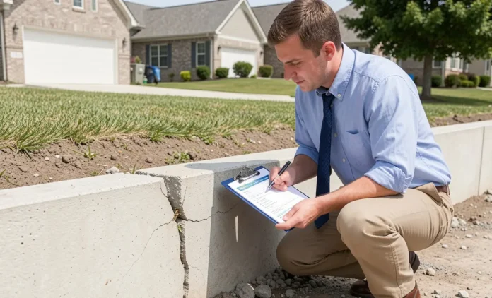 First-time homebuyer crouching to inspect house foundation for cracks while holding checklist during property viewing