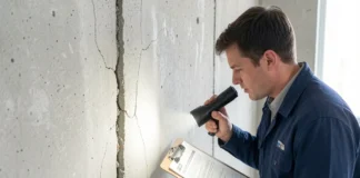 Buyer using flashlight to inspect property for hidden damage in foundation wall