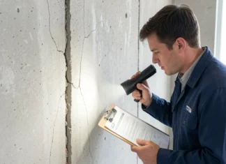 How to Inspect Property for Hidden Damage Before Buying Guide Buyer using flashlight to inspect property for hidden damage in foundation wall