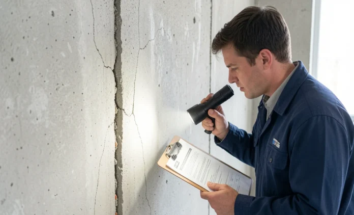 Buyer using flashlight to inspect property for hidden damage in foundation wall