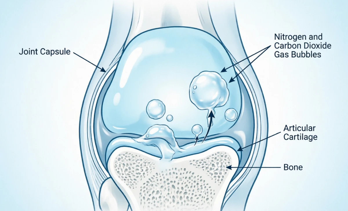 Medical diagram showing gas bubble formation in finger joint synovial fluid during knuckle cracking cavitation process