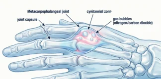 Anatomical diagram showing gas bubble formation in finger joints during knuckle cracking process