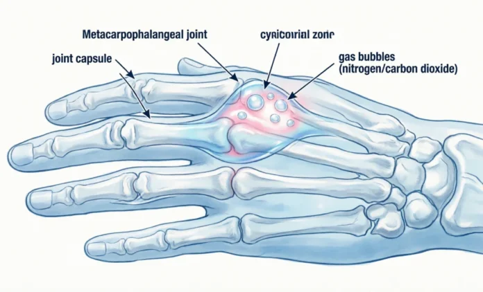 Anatomical diagram showing gas bubble formation in finger joints during knuckle cracking process