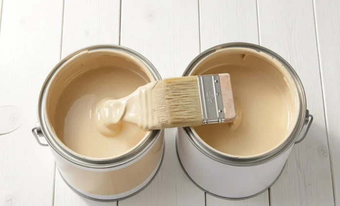 Latex Paint vs Oil-Based Paint Comparison Two open paint cans showing Latex Paint vs Oil-Based Paint side by side with a paintbrush on a white wooden surface