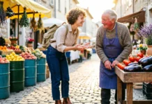 How 5 Local Phrases Transform Travel: Real Connections Local phrases transform travel: Traveler greeting local vendor at European market with authentic cultural connection