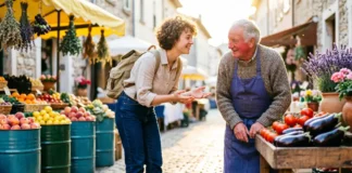 Local phrases transform travel: Traveler greeting local vendor at European market with authentic cultural connection