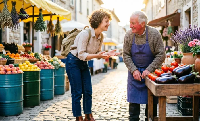 How Local Phrases Transform Travel Experiences Local phrases transform travel: Traveler greeting local vendor at European market with authentic cultural connection