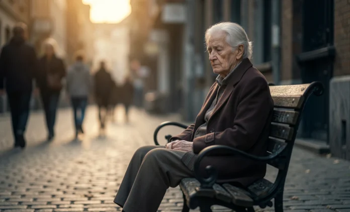 How Loneliness Ages Your Body Faster Elderly person sitting alone on park bench representing how loneliness ages body faster and impacts long-term health