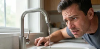 low water pressure faucet with weak trickling water flow in modern kitchen sink