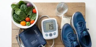 Blood pressure monitor with fresh vegetables and running shoes showing how to lower blood pressure naturally through diet and exercise