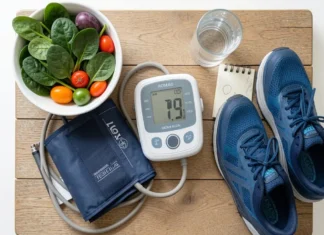 How to Lower Blood Pressure Naturally: Diet, Exercise and Proven Tips (2026) Blood pressure monitor with fresh vegetables and running shoes showing how to lower blood pressure naturally through diet and exercise