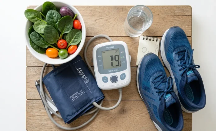 Blood pressure monitor with fresh vegetables and running shoes showing how to lower blood pressure naturally through diet and exercise