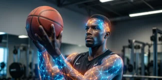Athlete demonstrating Muscle Memory in Sports Training with neural pathway visualization