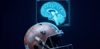 new concussion study effects — athlete holding helmet beside glowing MRI brain scan