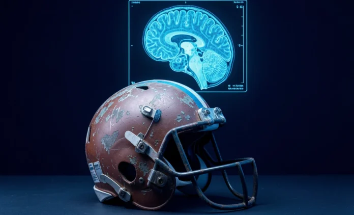 New Concussion Study Effects — Brain Scan and Contact Sports Injury new concussion study effects — athlete holding helmet beside glowing MRI brain scan