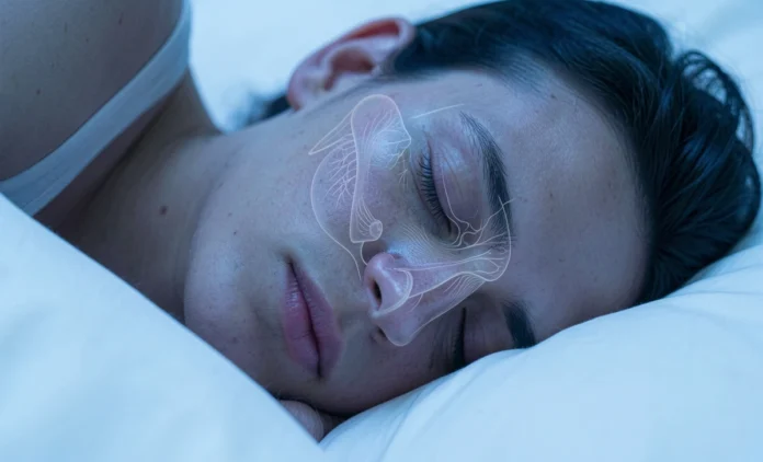Person sleeping with nasal anatomy diagram showing how nose shape affects breathing during sleep