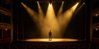 online theater emotional connection — live stage performance with audience seats and spotlight