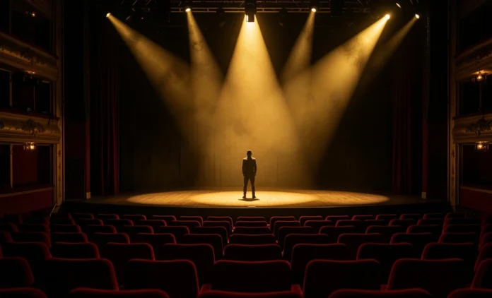online theater emotional connection — live stage performance with audience seats and spotlight