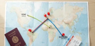 Open-Jaw Flights Booking route map showing arrival in Rome and departure from Barcelona with passport and boarding pass