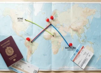 Open-Jaw Flights Booking: What They Are and When to Book Them Open-Jaw Flights Booking route map showing arrival in Rome and departure from Barcelona with passport and boarding pass