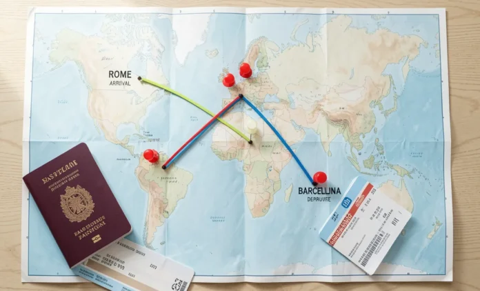 Open-Jaw Flights Booking route map showing arrival in Rome and departure from Barcelona with passport and boarding pass