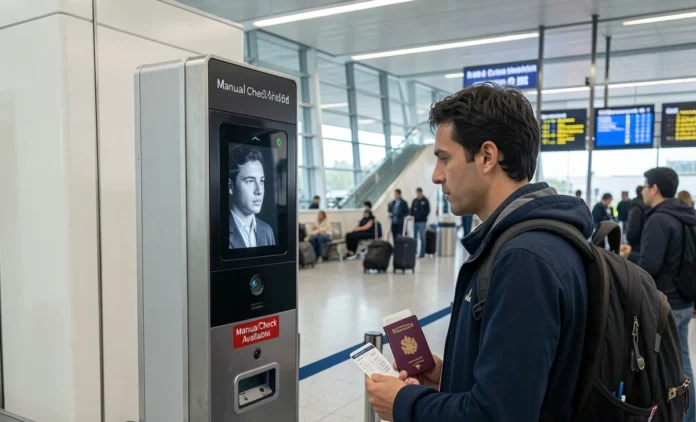 Airport Facial Recognition Opt-Out Rights 2026 Traveler choosing to opt out face scans at airport boarding gate 2026