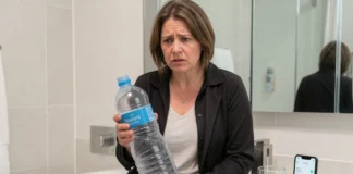 Woman experiencing overhydration signs in adults while holding water bottle in bathroom