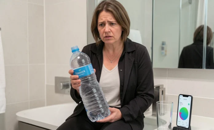 Woman experiencing overhydration signs in adults while holding water bottle in bathroom