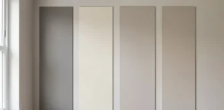 Four paint finish types — flat, eggshell, satin, and semi-gloss — shown as wall samples in a naturally lit room, illustrating the best paint finish for rooms