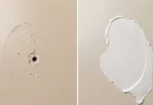 Patch Drywall Hole Invisible: Step-by-Step Renter Guide Before and after showing how to patch drywall hole invisible with smooth seamless finish on beige wall
