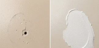 Before and after showing how to patch drywall hole invisible with smooth seamless finish on beige wall