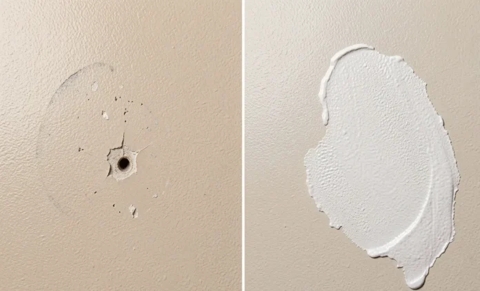 Before and after showing how to patch drywall hole invisible with smooth seamless finish on beige wall